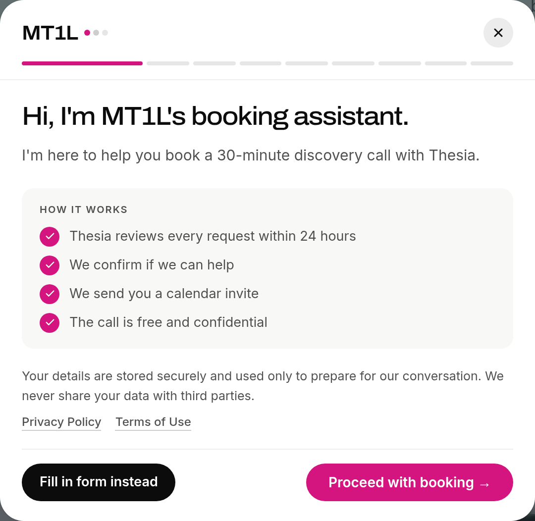 The actual MT1L booking assistant welcome and explanation of the discovery call