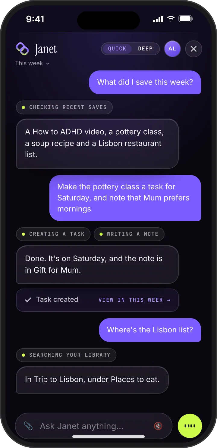 Asking Janet in plain words: what was saved this week, a task and a note created, and a list found in Notes