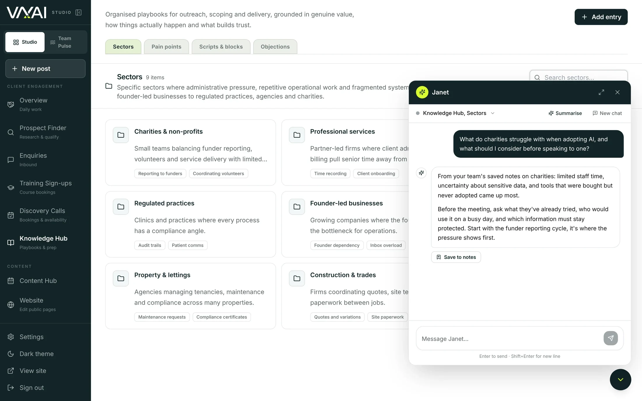 Knowledge Hub: explore the sector knowledge workspace and its chat