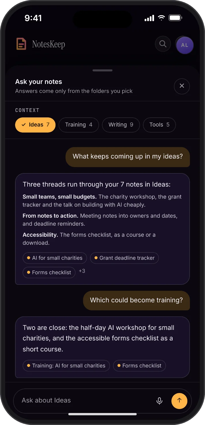 Ask your notes, with the Ideas folder chosen as context: the themes across seven ideas for tools, training and writing, and which could become training, each answer linked to its notes