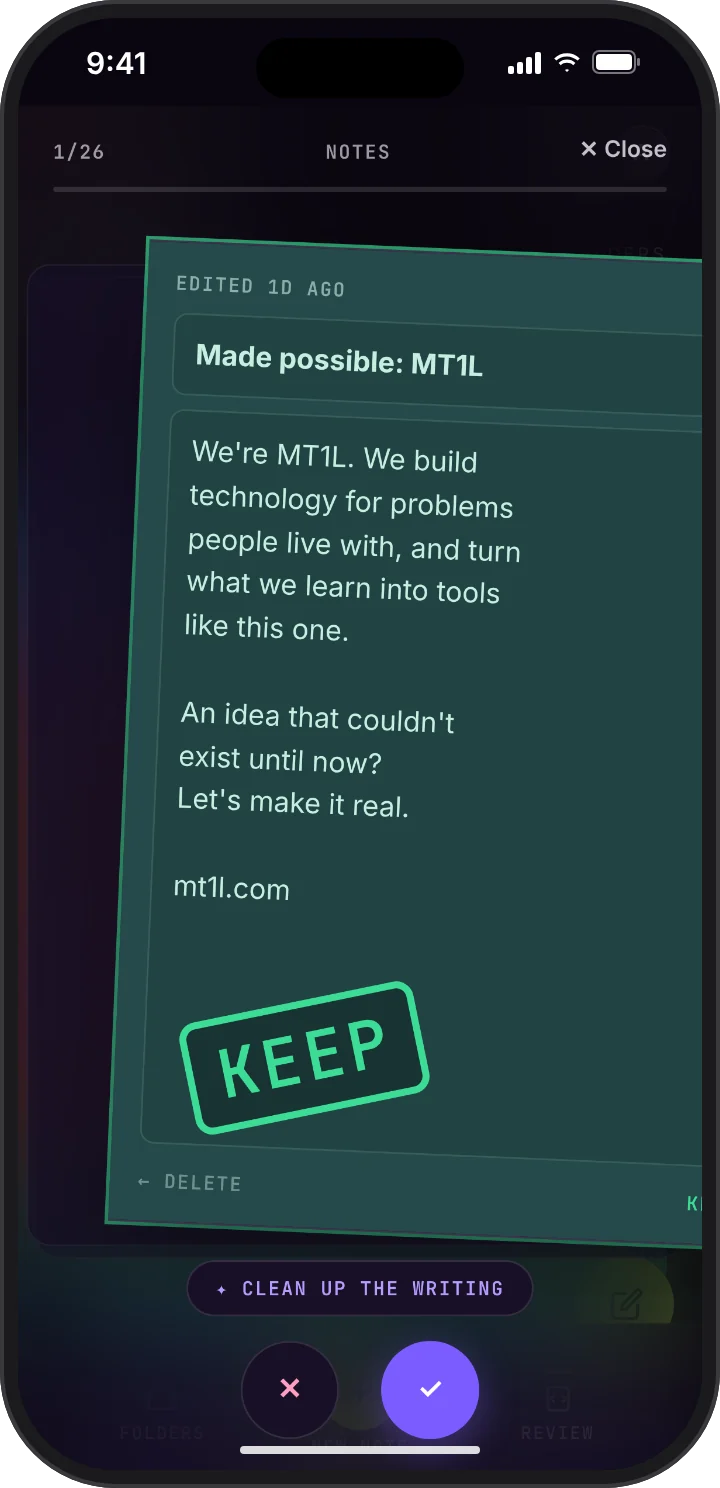 NotesKeep review: a note swiped right, glowing green and stamped Keep