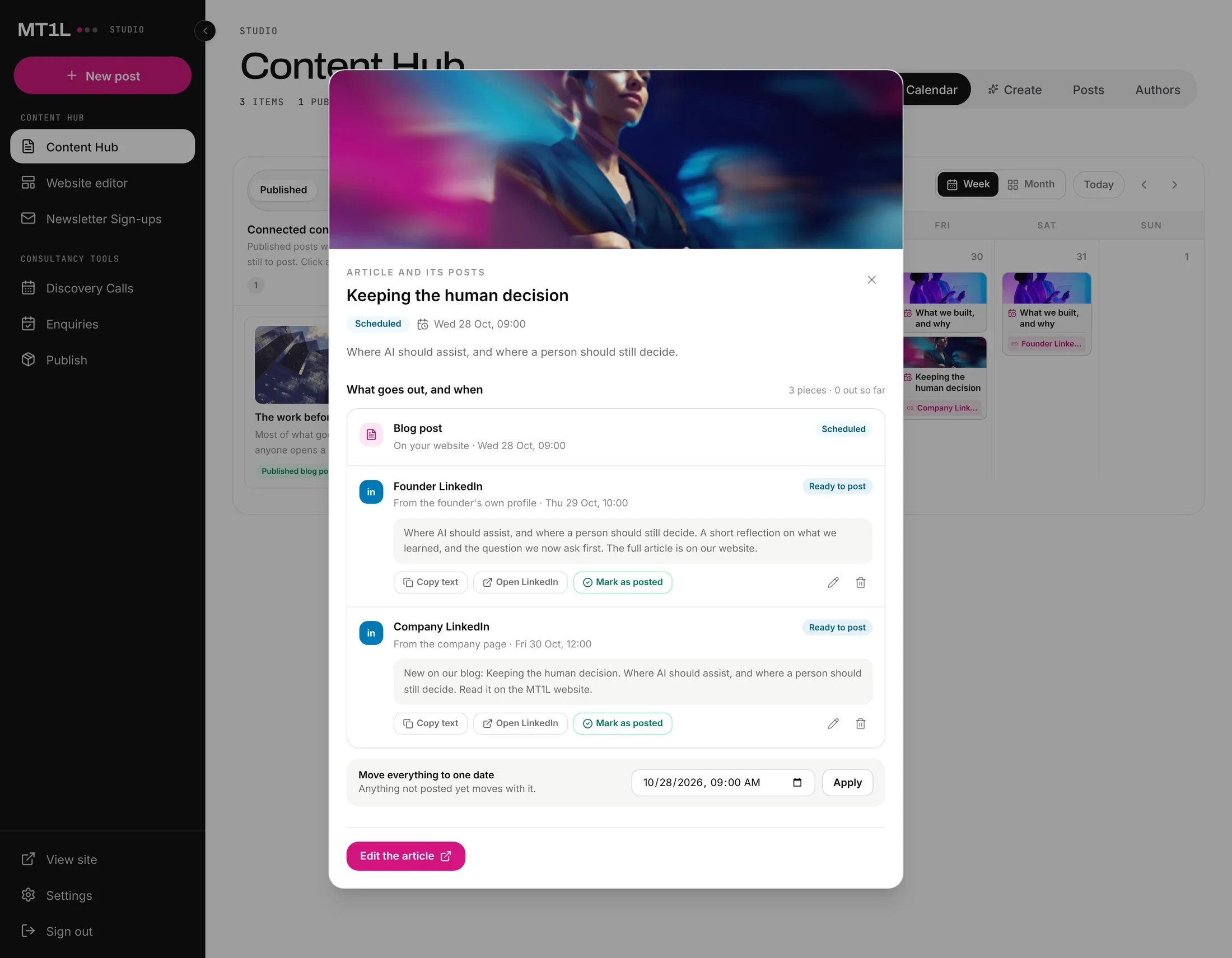 Content planning: an article with its Founder LinkedIn and Company LinkedIn posts, each with its date and status
