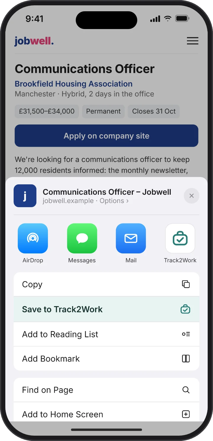 A Communications Officer advert in Safari, with the share sheet open on Save to Track2Work.